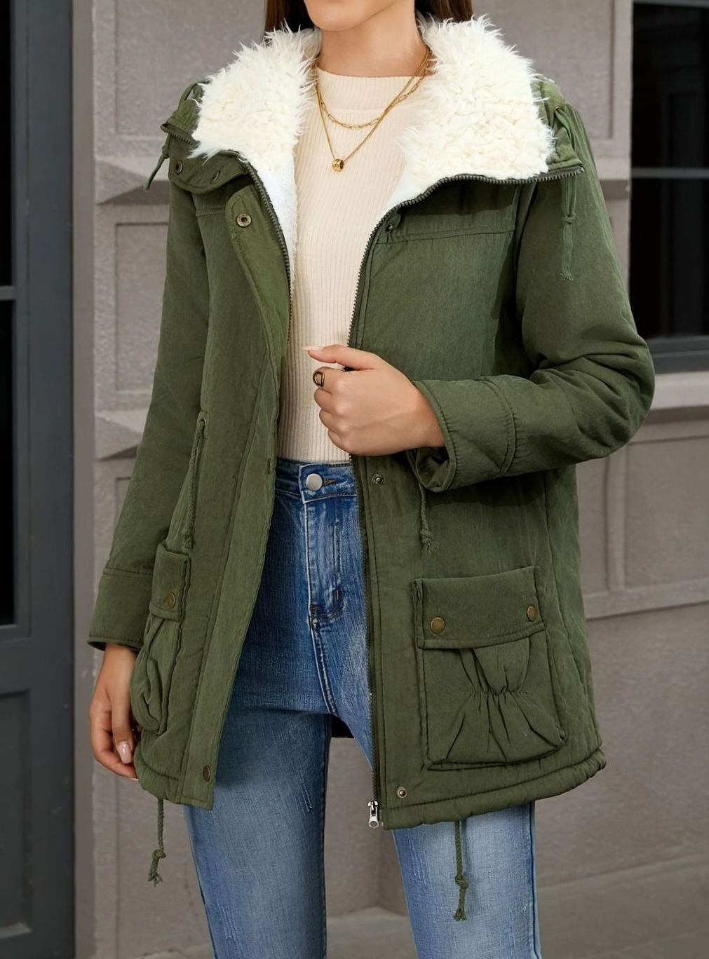 Damen Gefütterter Winter-Parka mit Teddykragen und Tunnelzug