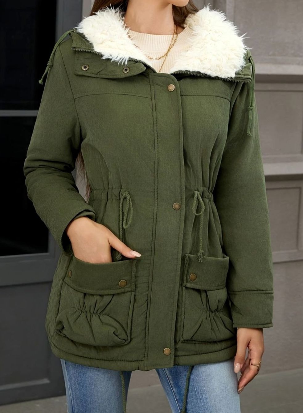 Damen Gefütterter Winter-Parka mit Teddykragen und Tunnelzug
