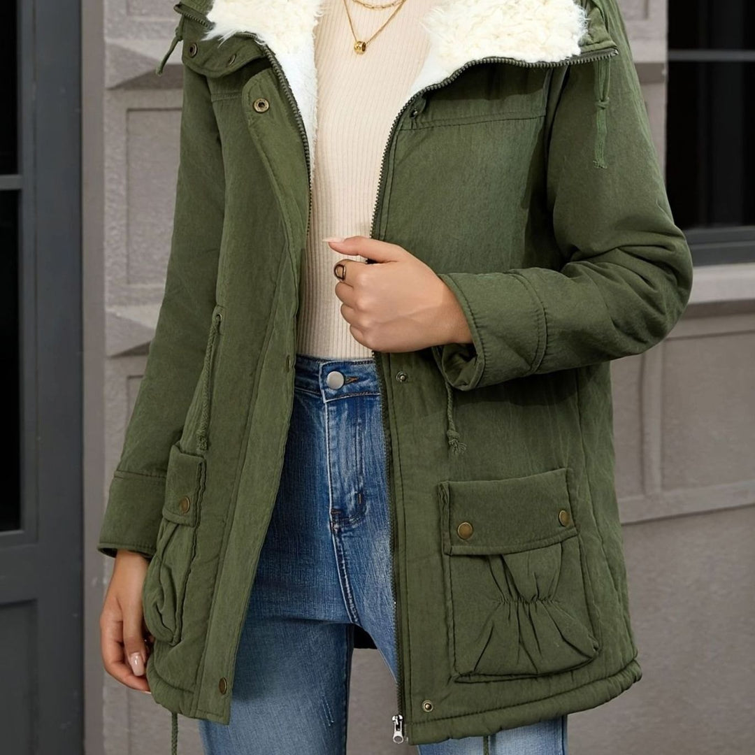 Damen Gefütterter Winter-Parka mit Teddykragen und Tunnelzug - Olivgrün