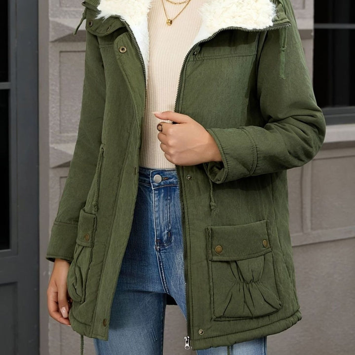 Damen Gefütterter Winter-Parka mit Teddykragen und Tunnelzug - Olivgrün