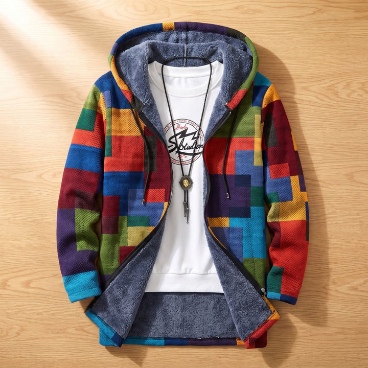 Damen Gefütterter Zip-Hoodie mit Geometrischem Blockfarbenmuster - Mehrfarbig