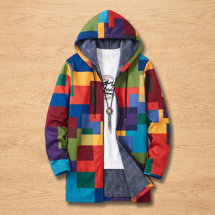 Damen Gefütterter Zip-Hoodie mit Geometrischem Blockfarbenmuster