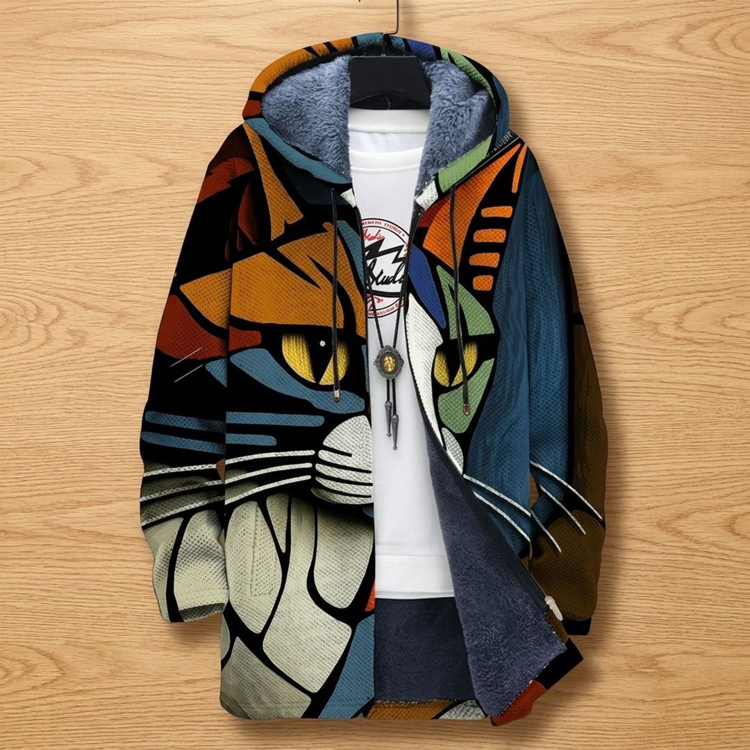 Damen Gefütterter Zip-Hoodie mit Geometrischem Blockfarbenmuster - Katze