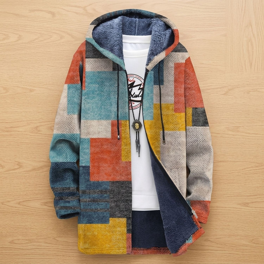 Damen Gefütterter Zip-Hoodie mit Geometrischem Blockfarbenmuster - Blockfarben