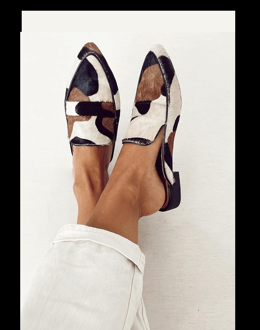 Damen Gemusterte Fell-Loafers Slip-On Mules mit Tiermuster - Black/White