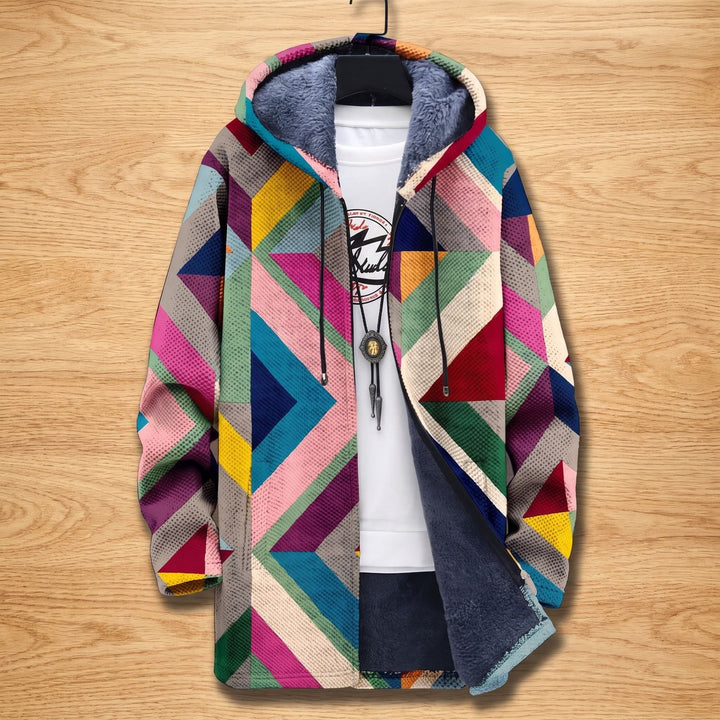 Damen Geometrisch Bedruckte Fleece-Gefütterte Strickjacke mit Kapuze - Mehrfarbig 1