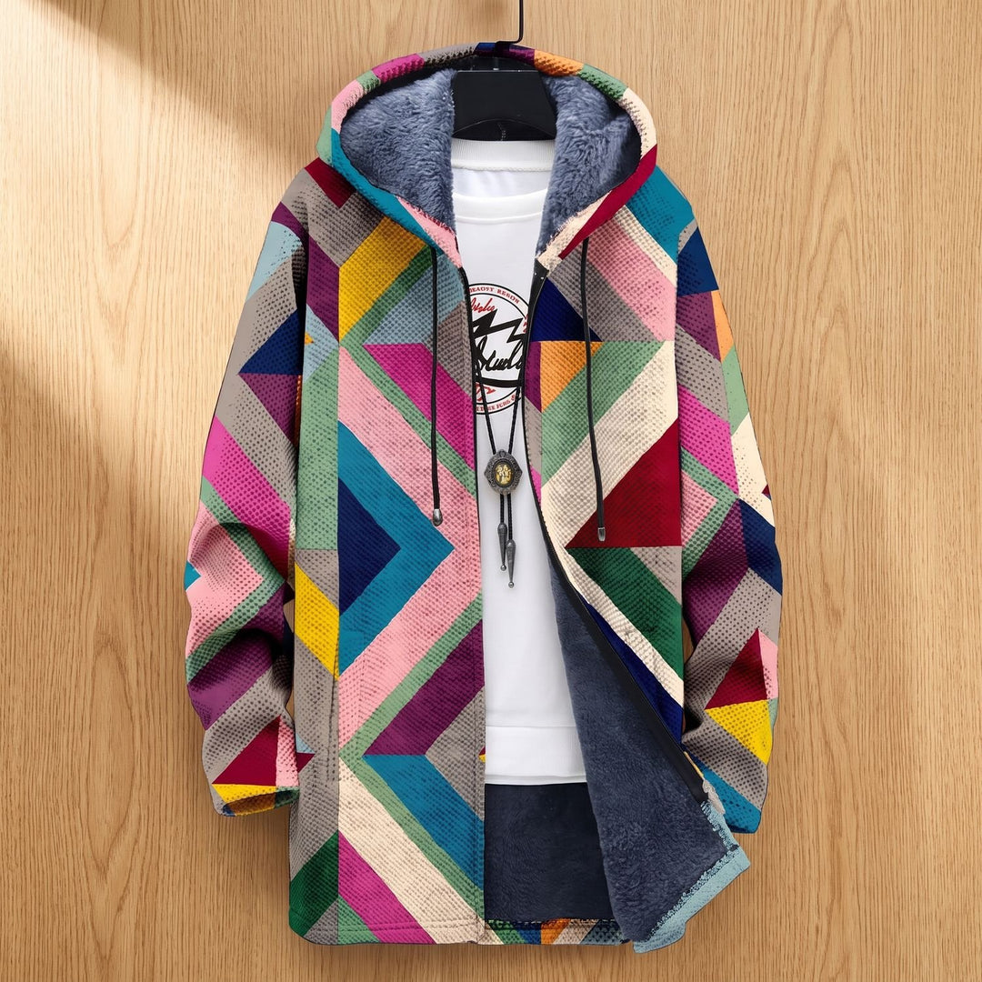 Damen Geometrisch Bedruckte Fleece-Gefütterte Strickjacke mit Kapuze