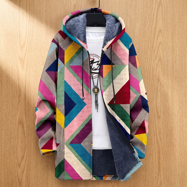 Damen Geometrisch Bedruckte Fleece-Gefütterte Strickjacke mit Kapuze