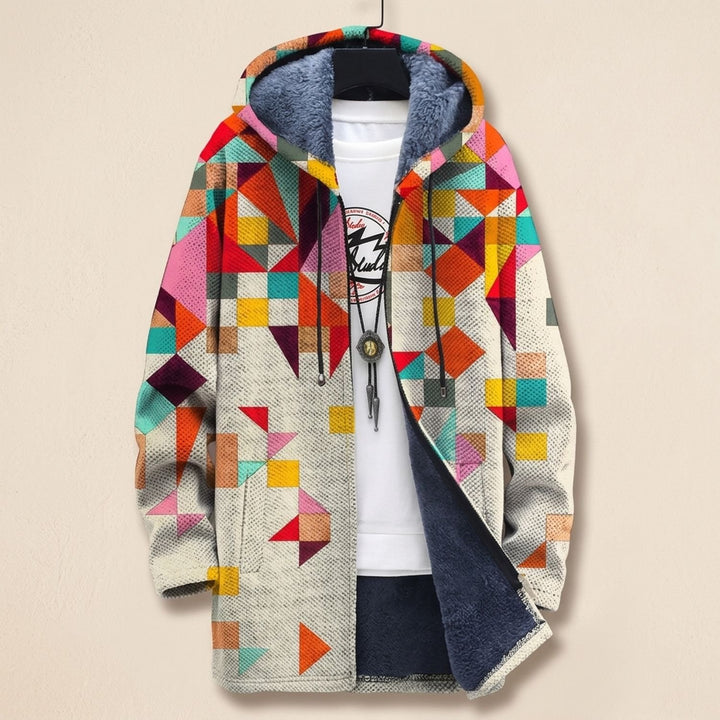 Damen Geometrisch Bedruckte Fleece-Gefütterte Strickjacke mit Kapuze - Mehrfarbig 2