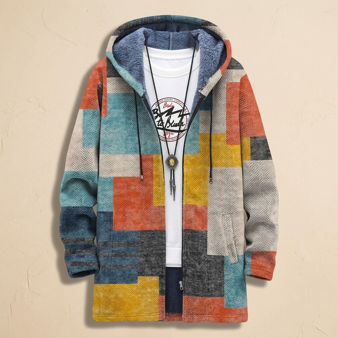 Damen Geometrisch Bedruckte Fleece-Gefütterte Strickjacke mit Kapuze - Mehrfarbig 3