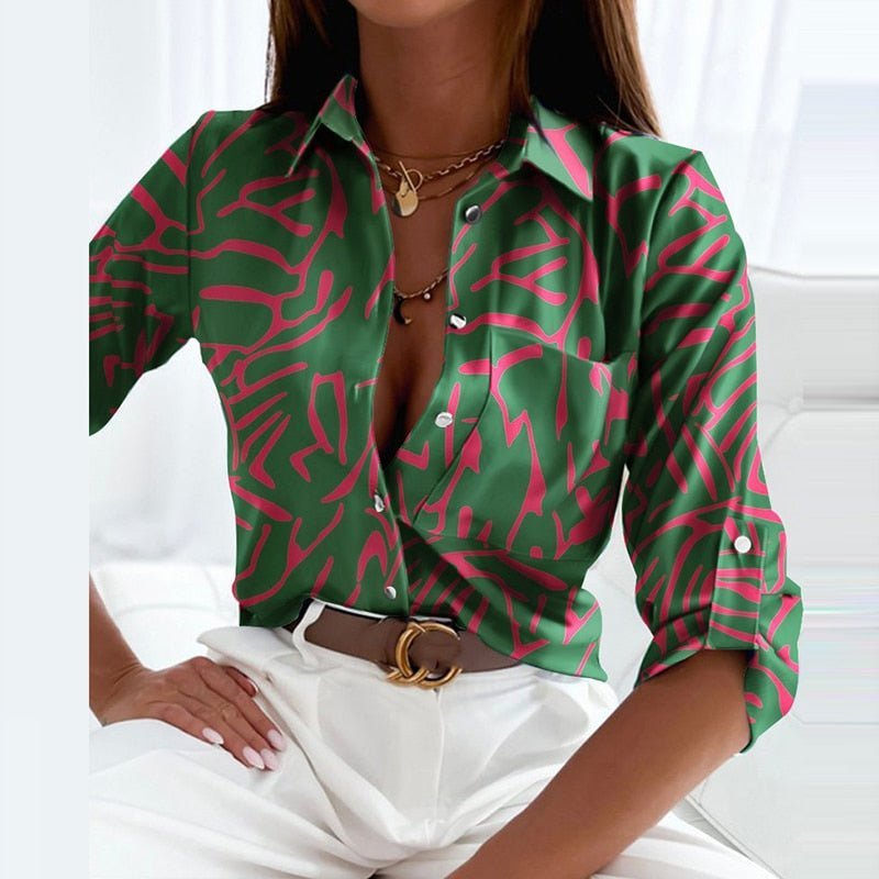 Damen Geometrische Klassische Kragen Bluse - Green