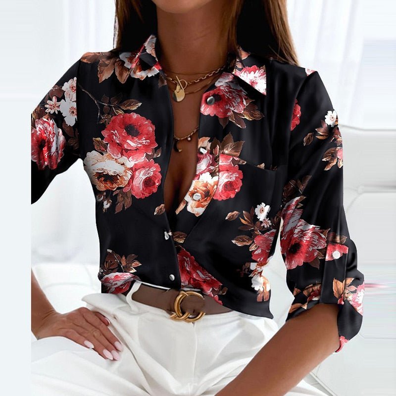 Damen Geometrische Klassische Kragen Bluse - Black Pink Flowers