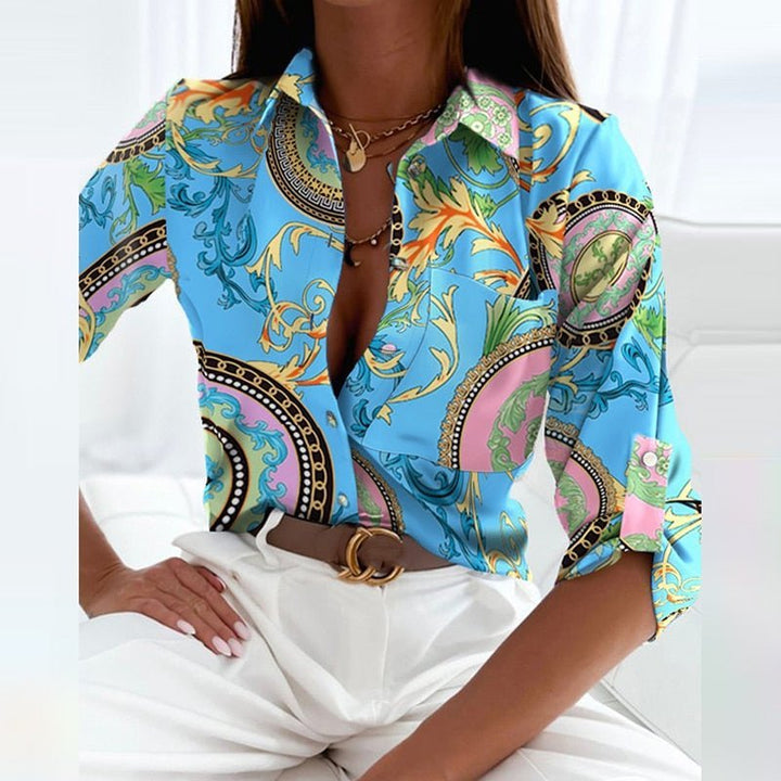 Damen Geometrische Klassische Kragen Bluse - Light Blue