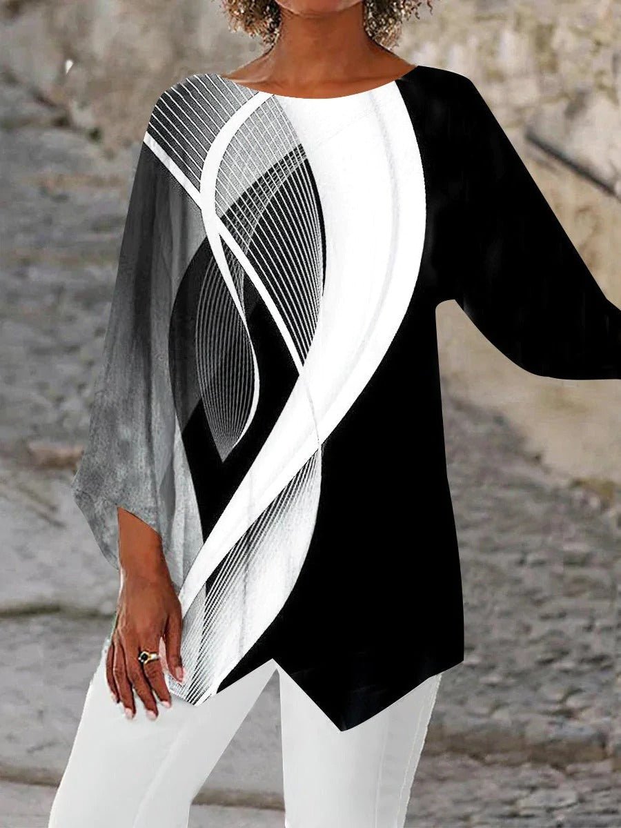 Damen Geometrische Langarm-Tunika mit asymmetrischem Saum