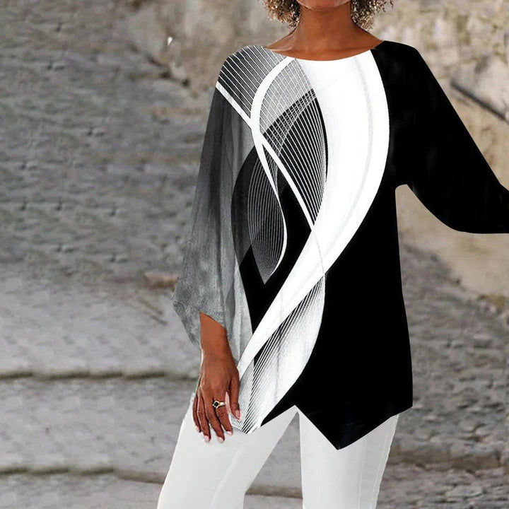 Damen Geometrische Langarm-Tunika mit asymmetrischem Saum - Schwarz und weiß