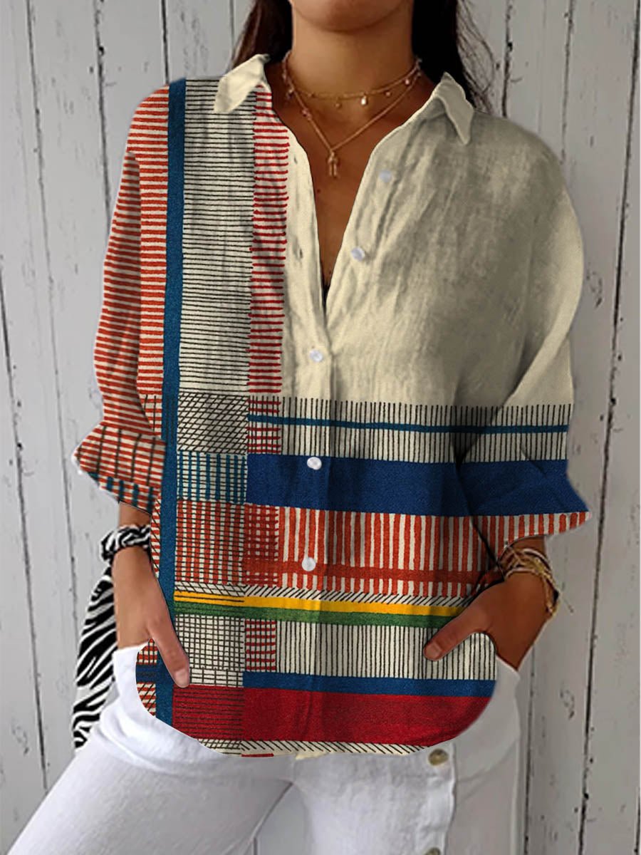 Damen Geometrische Muster Langarm Button-Down Bluse - Multicolor