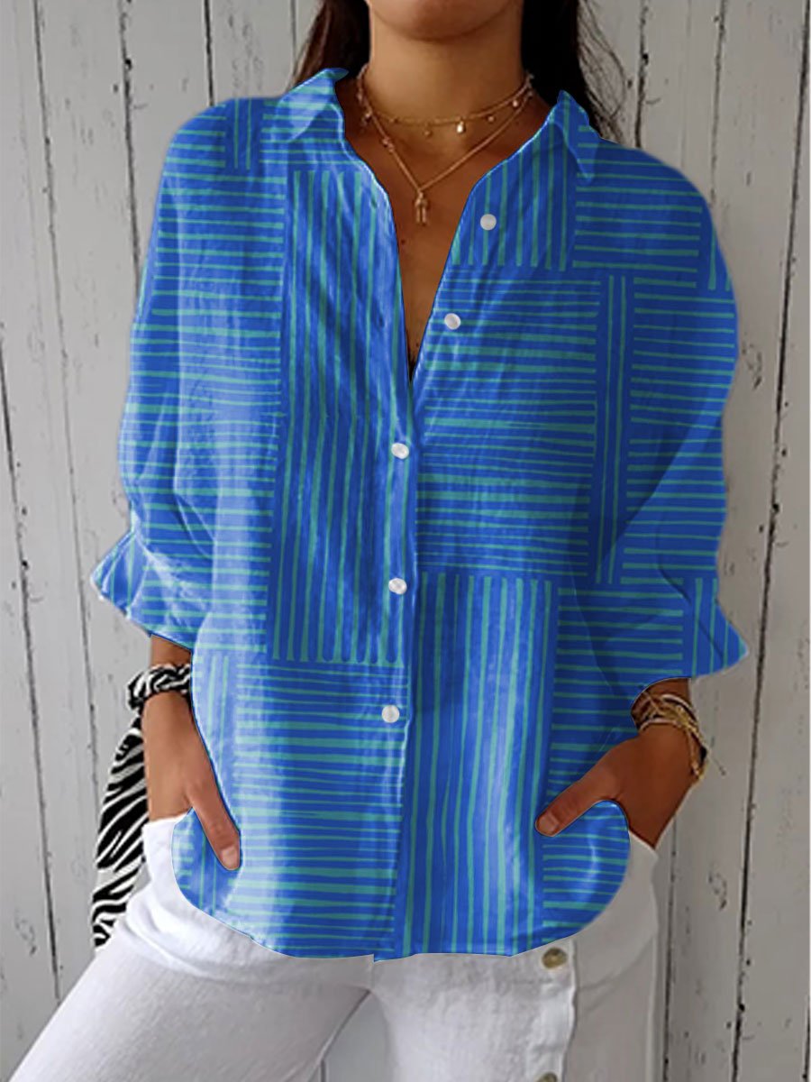 Damen Geometrische Streifen Langarm V-Ausschnitt Bluse - Blue