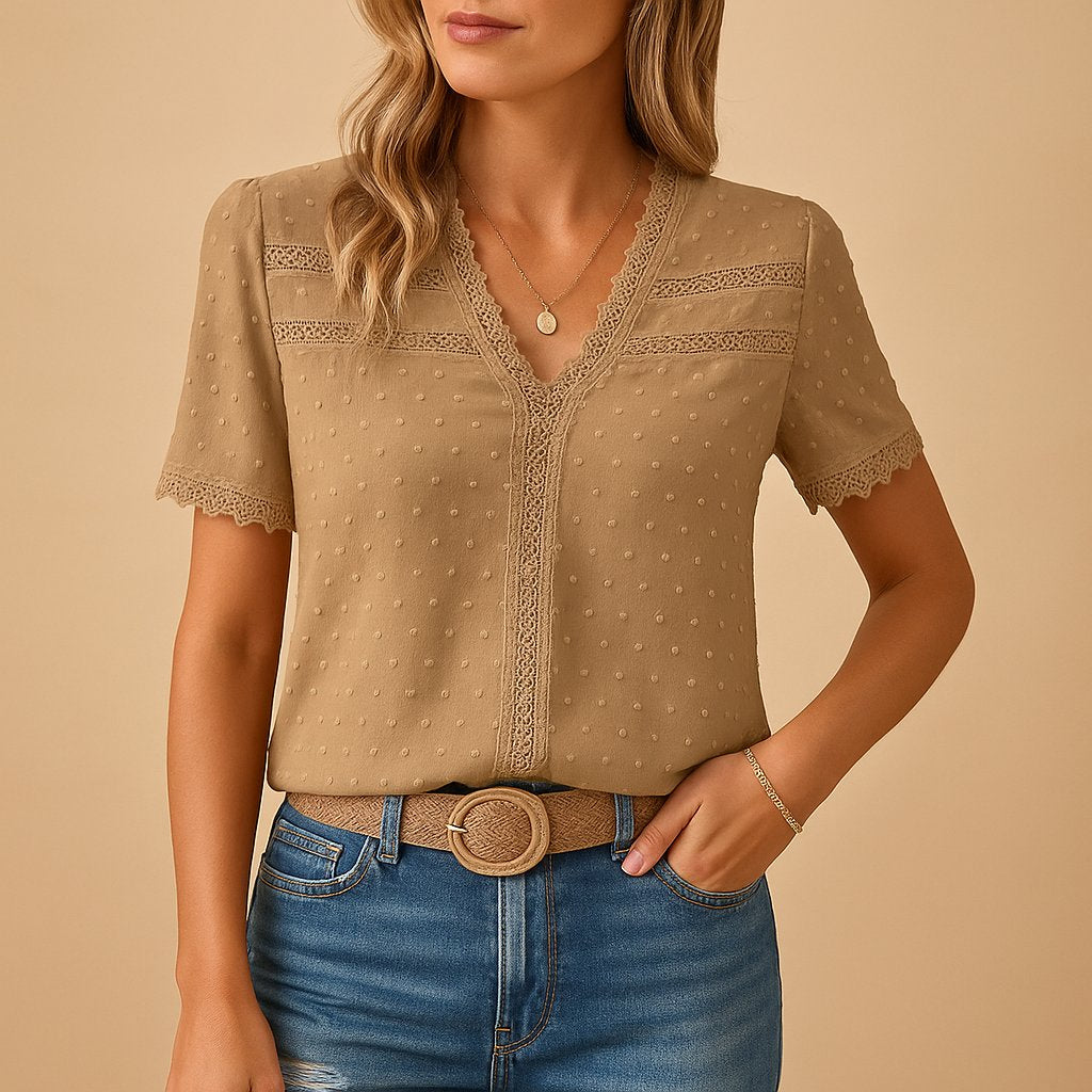 Damen Gepunktete Spitzen Kurzarm V-Ausschnitt Bluse - Khaki