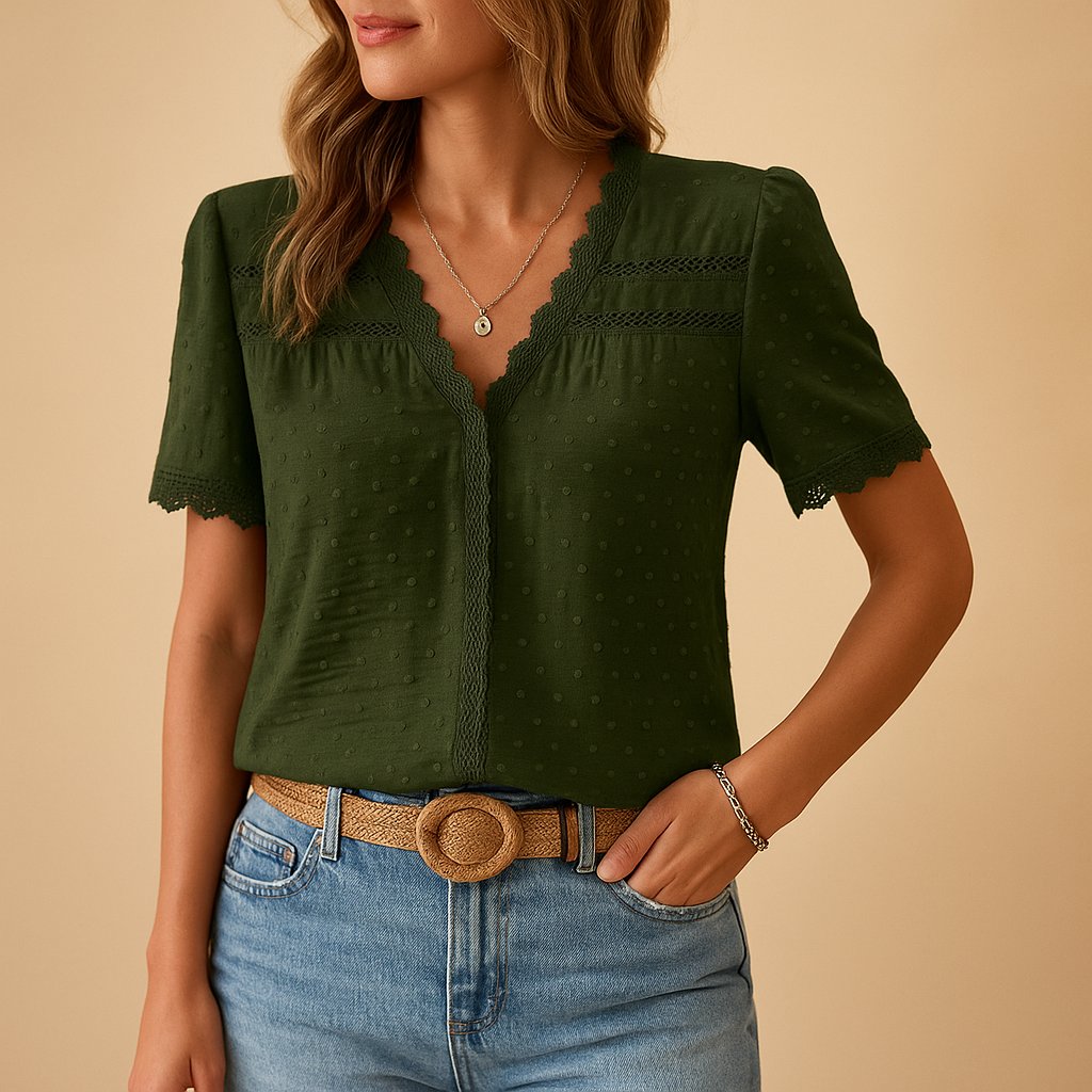 Damen Gepunktete Spitzen Kurzarm V-Ausschnitt Bluse - Army Green