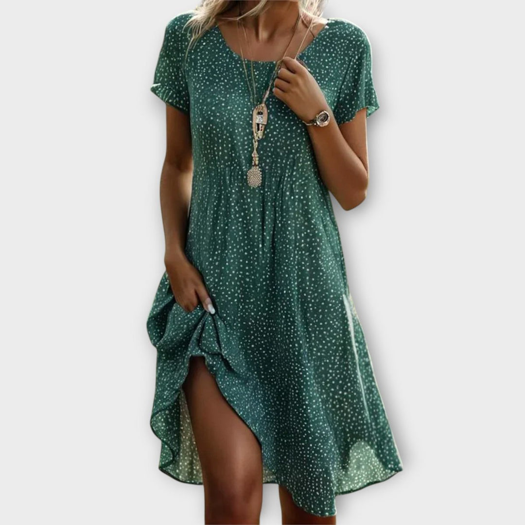 Damen gepunktetes Kurzarm A-Linien Midi Dress fließend