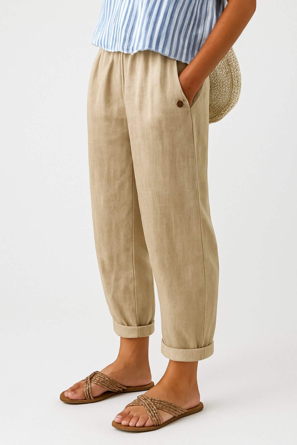 Damen Gerade Lockere Bequeme Seitentaschen Hose - Beige