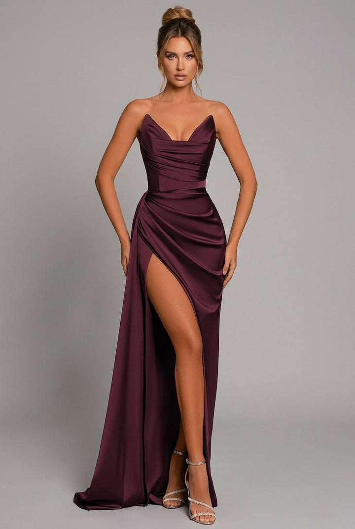 Damen Geraffte Herzausschnitt Bodycon Satin Maxikleid mit Schlitz - Crimson Red