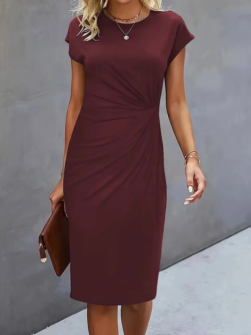 Damen Gerafftes Kurzarm-Bodycon-Midikleid - Wine Red
