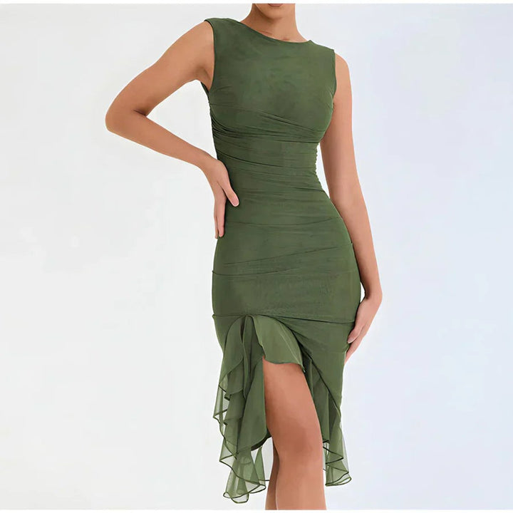 Damen Gerafftes Midikleid mit Chiffon-Rüschensaum - Grün