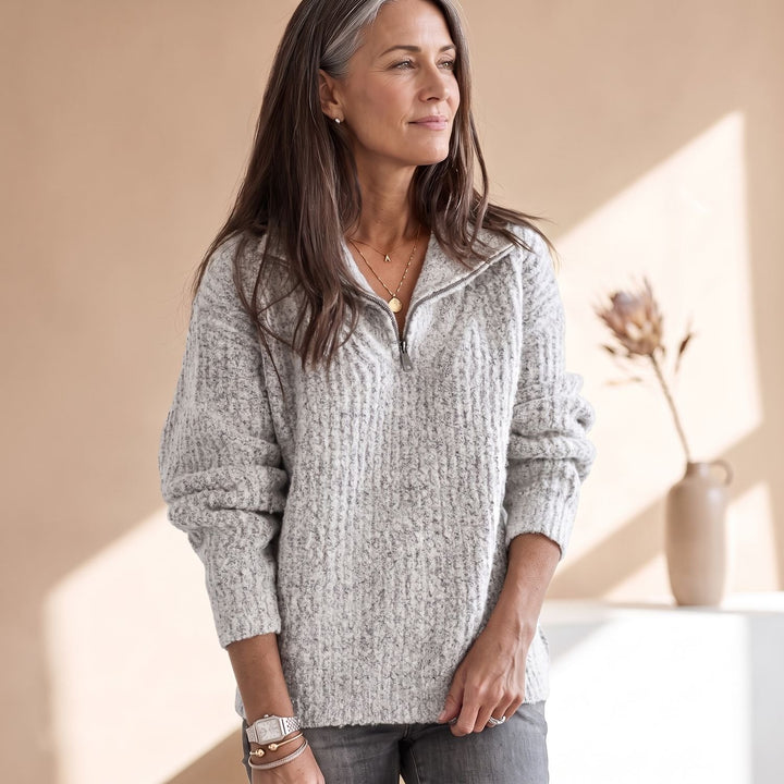 Damen Gerippter Pullover mit Reißverschluss Kuscheliger Strick - Grau