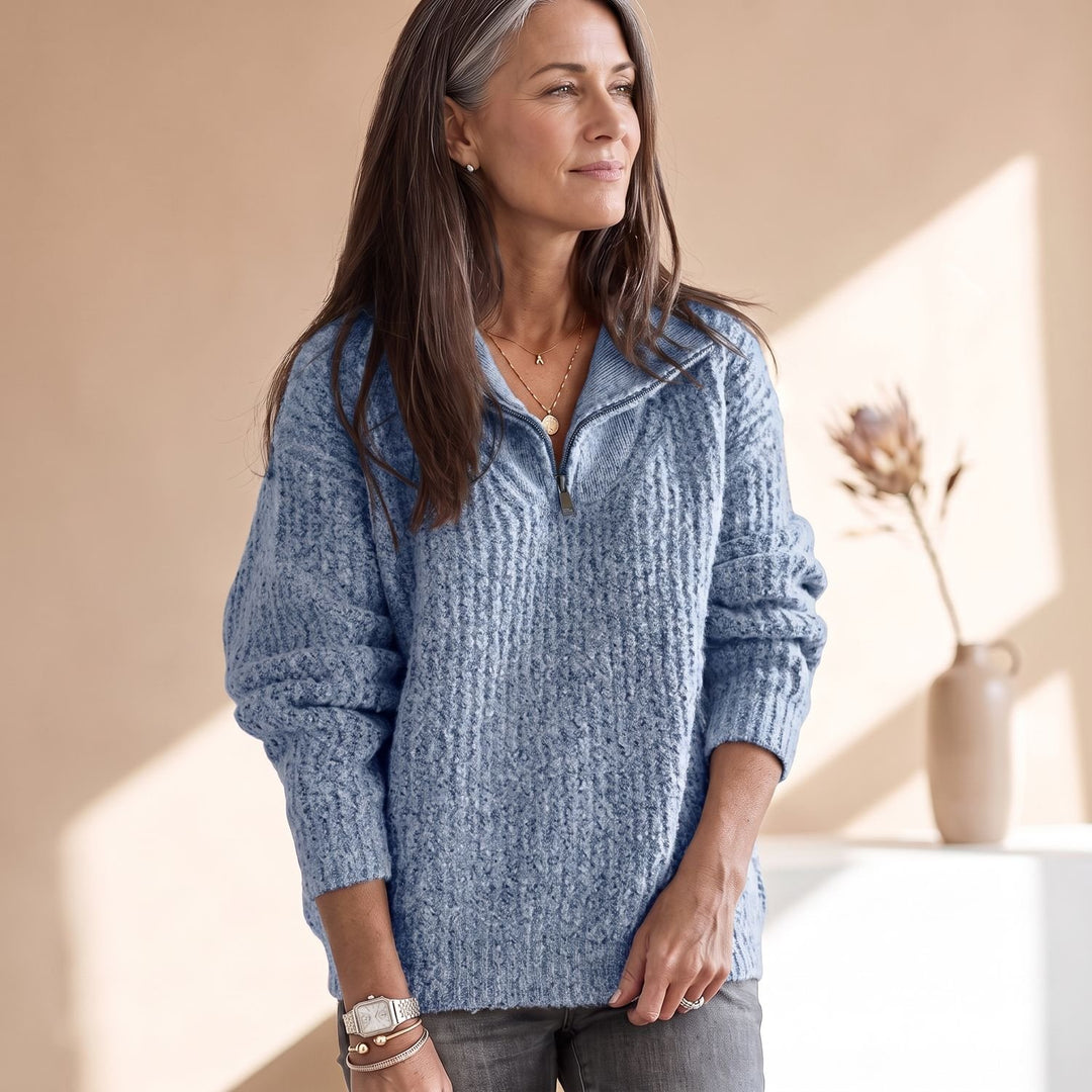 Damen Gerippter Pullover mit Reißverschluss Kuscheliger Strick - Blau