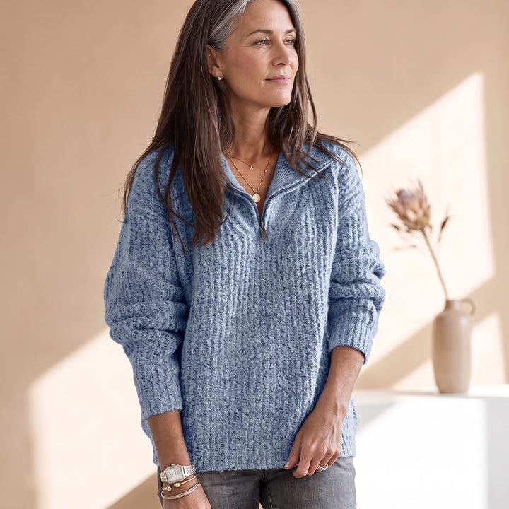 Damen Gerippter Pullover mit Reißverschluss Kuscheliger Strick - Blau