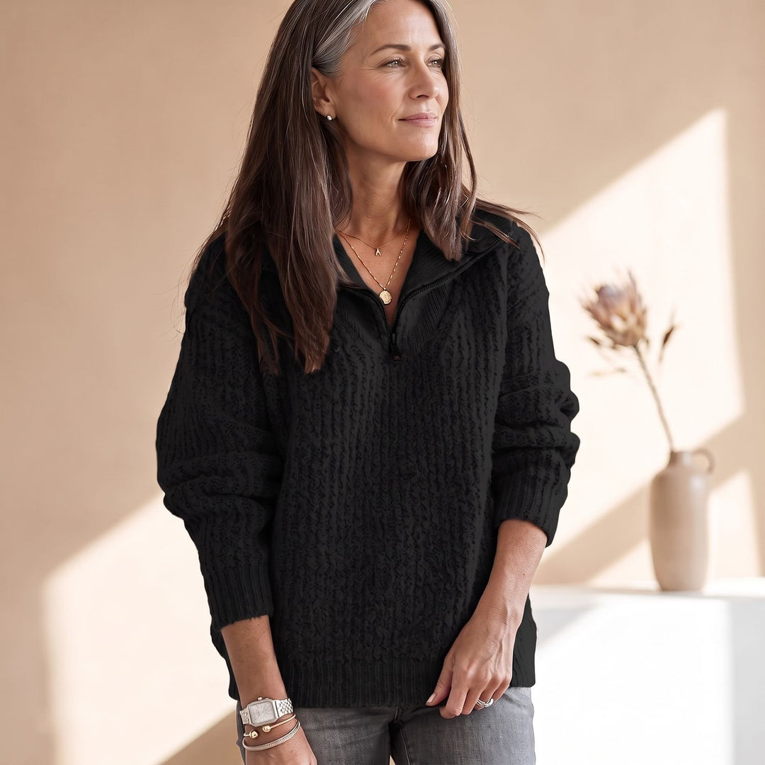 Damen Gerippter Pullover mit Reißverschluss Kuscheliger Strick - Schwarz
