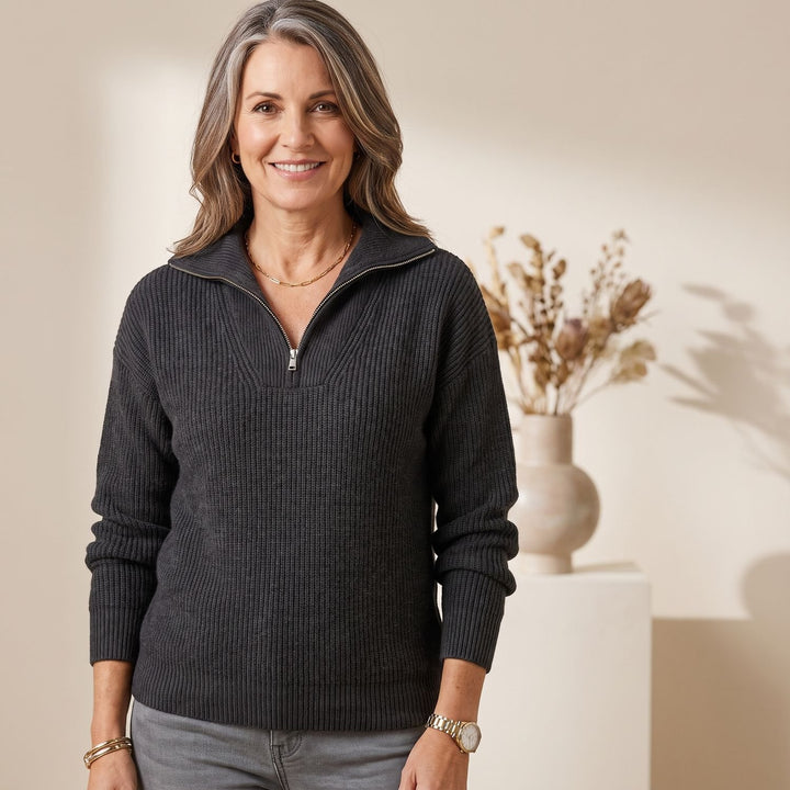 Damen Gerippter Pullover mit Reißverschluss Kuscheliger Strick - Dunkelgrau