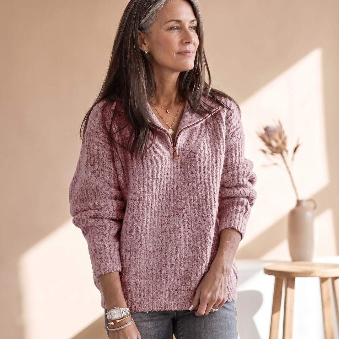 Damen Gerippter Pullover mit Reißverschluss Kuscheliger Strick - Rosa