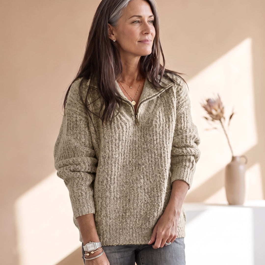 Damen Gerippter Pullover mit Reißverschluss Kuscheliger Strick - Khaki