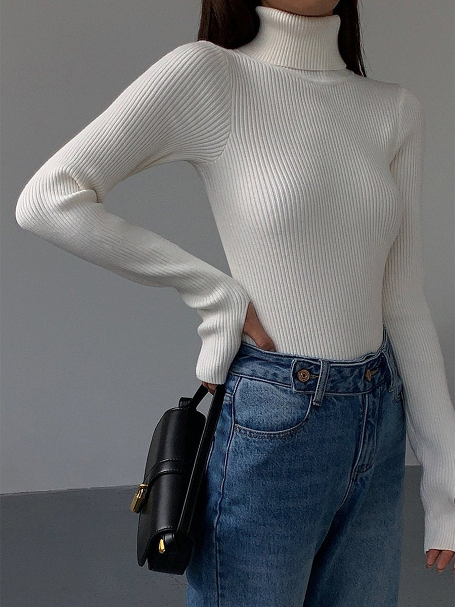 Damen Gerippter Rollkragen Strick Sweater - White