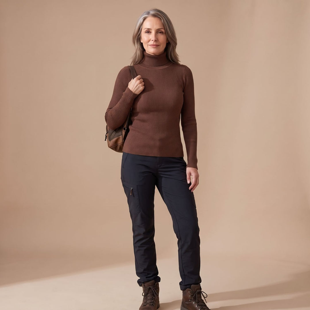 Damen Gerippter Rollkragenpullover Langarm Strickpullover - Dunkelbraun