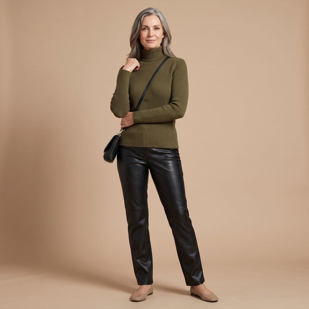 Damen Gerippter Rollkragenpullover Langarm Strickpullover - Grün