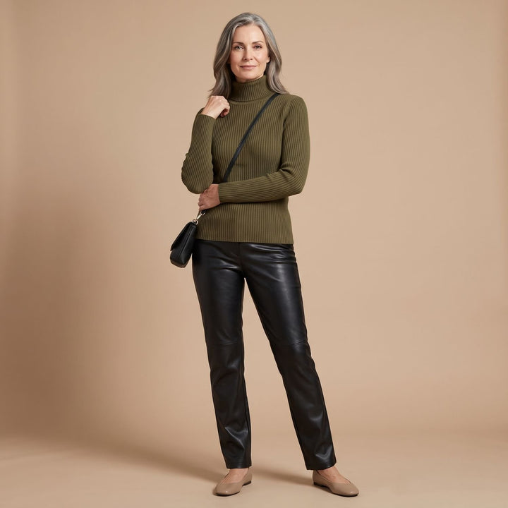 Damen Gerippter Rollkragenpullover Langarm Strickpullover - Grün