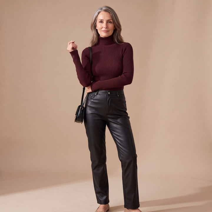 Damen Gerippter Rollkragenpullover Langarm Strickpullover