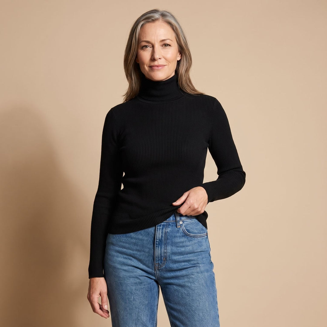Damen Gerippter Rollkragenpullover Langarm Strickpullover