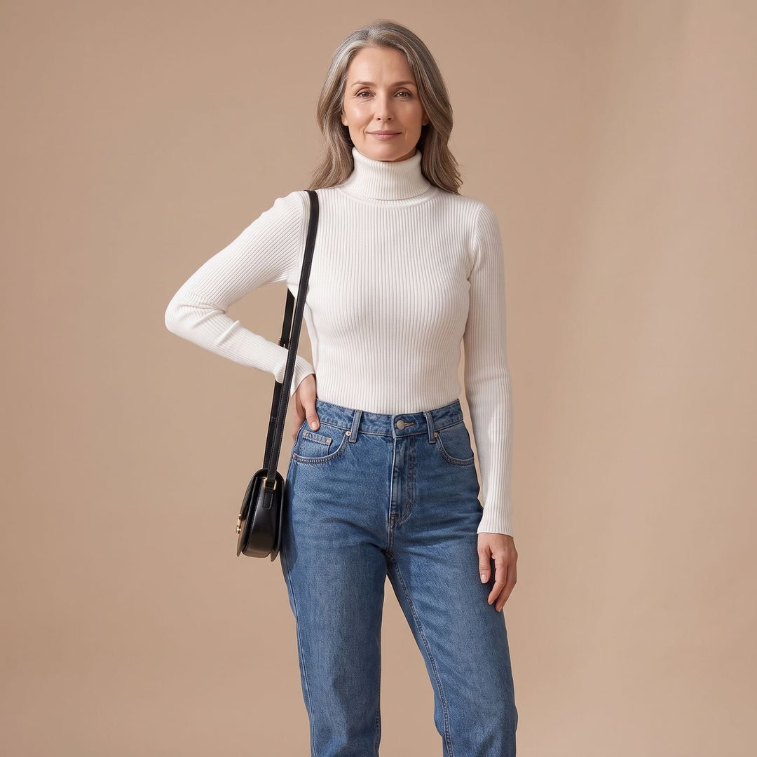 Damen Gerippter Rollkragenpullover Langarm Strickpullover - Weiß