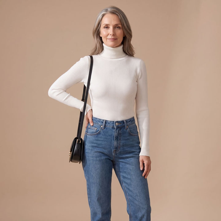 Damen Gerippter Rollkragenpullover Langarm Strickpullover - Weiß