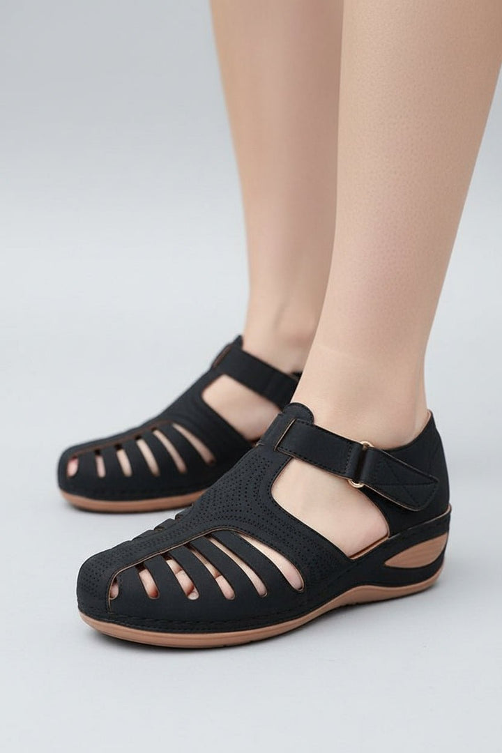 Damen Geschlossene Klettverschluss-Sandalen mit Keilabsatz - Black