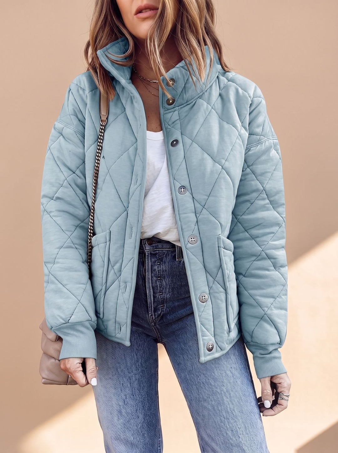 Damen Gesteppte Übergangsjacke mit Stehkragen Knopfleiste - Blau