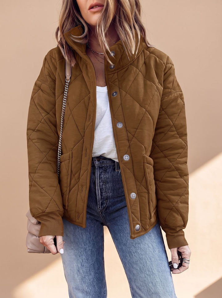 Damen Gesteppte Übergangsjacke mit Stehkragen Knopfleiste - Khaki