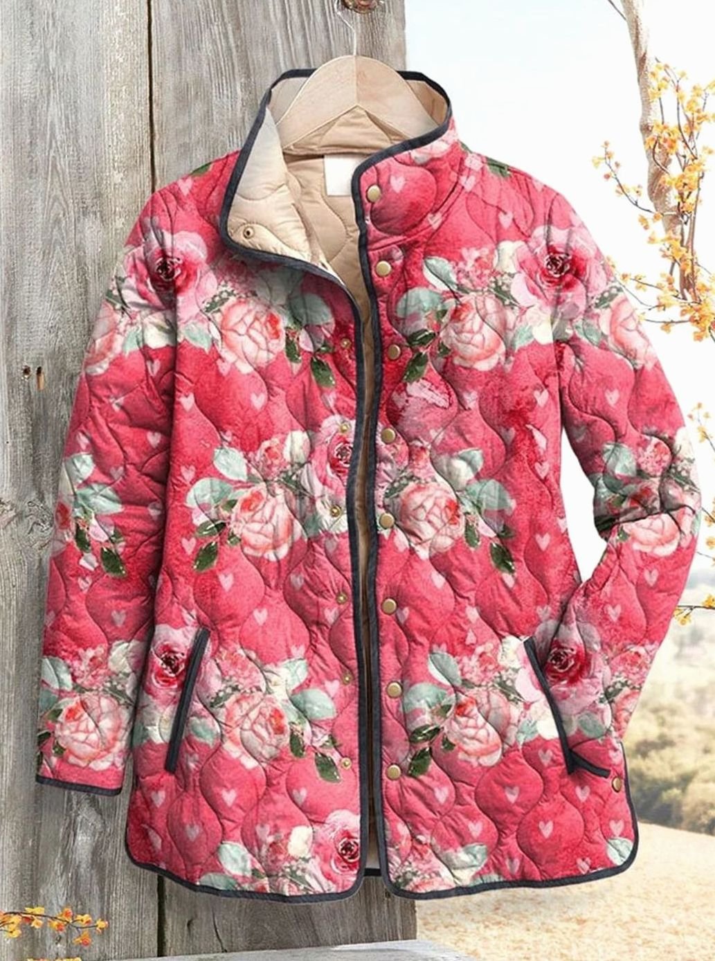 Damen Gesteppte Blumenjacke mit Druckknöpfen und Stehkragen - Rosa
