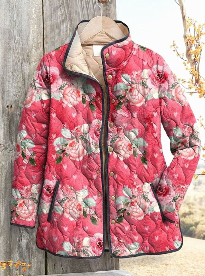 Damen Gesteppte Blumenjacke mit Druckknöpfen und Stehkragen - Rosa