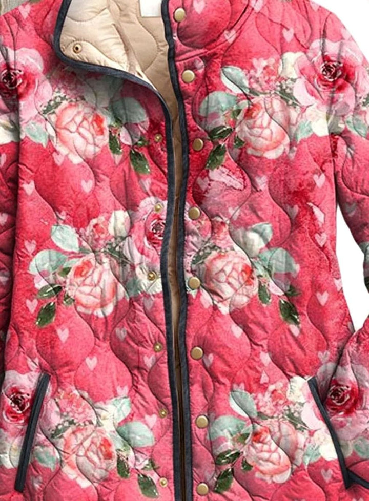 Damen Gesteppte Blumenjacke mit Druckknöpfen und Stehkragen