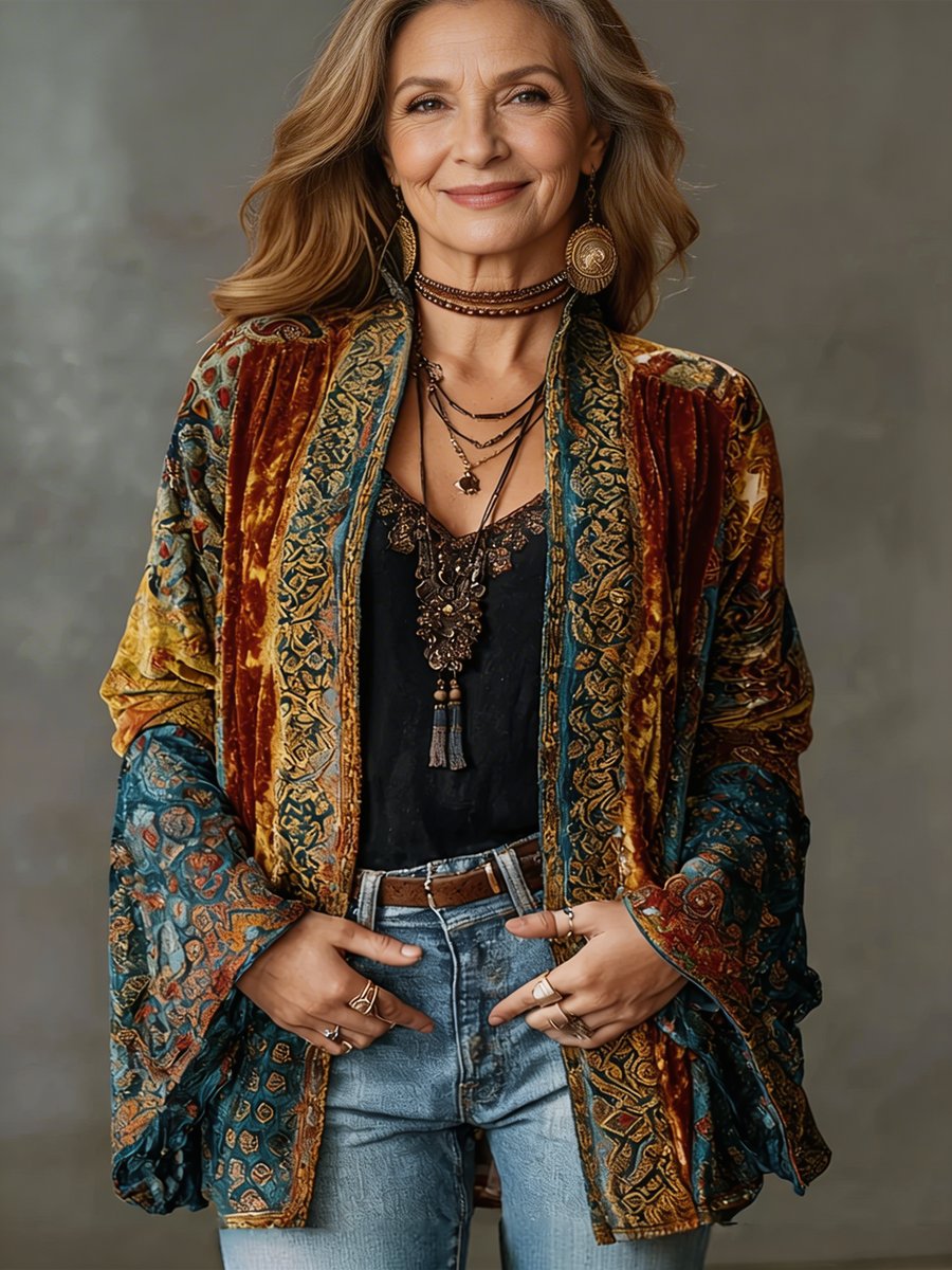 Damen Gesteppte Jacke Boho Kimono Leichter Vintage-Schnitt